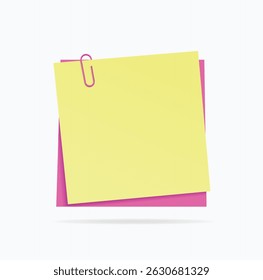 Colored note sheets with paper clip on white background. Vector illustration