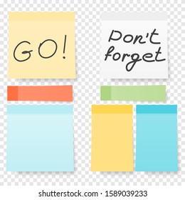 Colored note stickers set. Collection of different colored sheets of note papers ready for your message. Vector blank sticky notepaper posts of meeting reminder