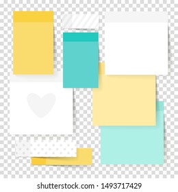 Colored note stickers set. Vector green, yellow and white paper notes illustration, sticky empty notepads papers for office text or business messages