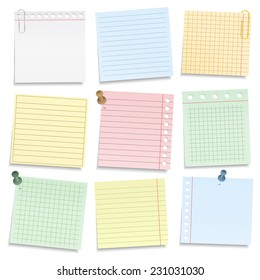 Colored notebook paper with push pins and clips, vector eps10 illustration