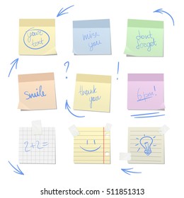  Colored notes icons detailed cartoon vector set. Yellow reminder stickers set. Office notes sticker