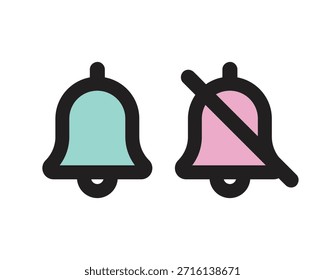 Notificación de color e iconos de campana muda para Configuraciones de alerta en UI y diseño de App móvil - Imagen de stock vectorial de alta calidad