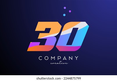 colored number 30 logo icon with dots. Yellow blue pink template design for a business or company