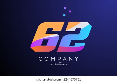 colored number 62 logo icon with dots. Yellow blue pink template design for a business or company