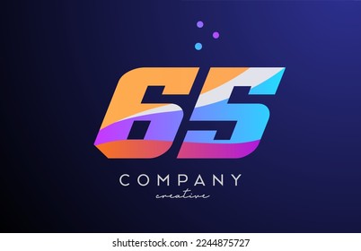 icono del logotipo número 65 con puntos. Diseño de plantilla rosa azul amarillo para una empresa o negocio