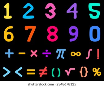 Conjunto de números de color. Conjunto de vectores de iconos de 0 a 9 dígitos. Símbolos matemáticos escolares. Números coloridos para el diseño.