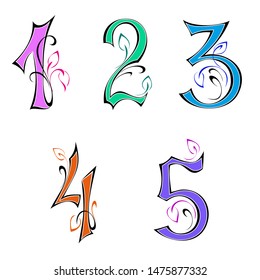 colored numbers 1, 2, 3, 4, 5, decorated with leaflets and curls on a white background. SET