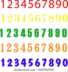 Colored numbers of different fonts. Numbers 1 2 3 4 5 6 7 8 9 0 different color and different font on white background