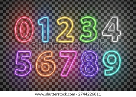 Colored numbers font made with led neon tube isolated on transparent background. Light glowing effect numbers. Detailed vector illustration