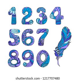 Colored numbers with intricate patterns on white. Hand drawn signs with feather on isolation background. Graphic design. Colorful image for flyers and banners. Zen art. 
