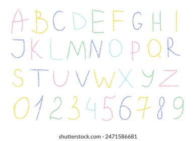 Colored numbers, letters alphabet scribbled in wax pencil, on white background. Hand drawing.