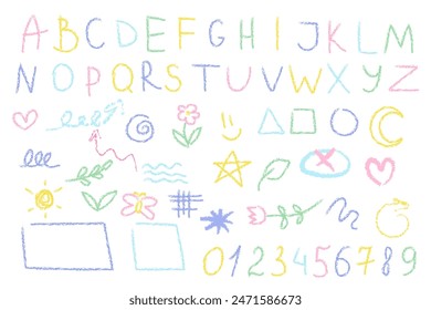 Colored numbers, letters alphabet scribbles wax crayon, kids drawings on white background. Hand drawing.