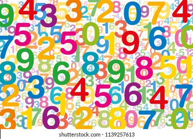 Colored numbers on white background. Randomly distributed overlapping numerals. Symbol for numerology or a flood of data. One to zero disorganized and of different sizes. Isolated illustration. Vector