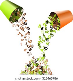 Colored numbers poured from buckets to pile