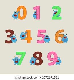 Colored  numbers. Vector set of 1-9 digit baby icons with monsters