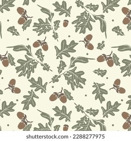 Colored Oak seamless floral pattern in vector. Leafs Pattern in vector on transparent and beige backgrounds singly. Seamless pattern in the oak acorn with leafs floral background