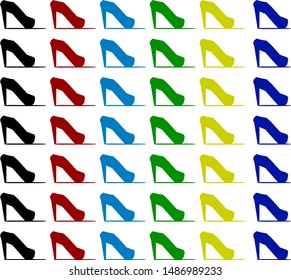 Colored objects stand in rows. Among them are blue, yellow, red and blue shoes.