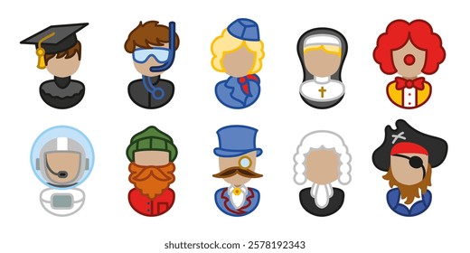 Colored occupation characters vector illustration. Professional uniform person icon set. Cartoon job characters symbol collection. Student, lumberjack, pirate, clown, astronaut costume avatar sign.