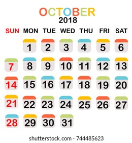 Colored October 2018 calendar with week starts from Sunday