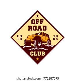 Colored  Off Road Car 4x4 Vehicle Logo Badge Template with Old Style Retro Vintage. Sticker, Sign, Stamp, Icon, Poster, Emblem.