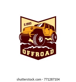 Colored  Off Road Car 4x4 Vehicle Logo Badge Template with Old Style Retro Vintage. Sticker, Sign, Stamp, Icon, Poster, Emblem.