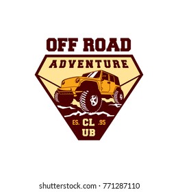 Colored  Off Road Car 4x4 Vehicle Logo Badge Template with Old Style Retro Vintage. Sticker, Sign, Stamp, Icon, Poster, Emblem.