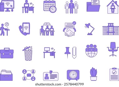 Colored Office Icon Set. Vector Icons Computer, Employee, Team, Desk, Office Chair, Documents, Archive, Meetings, Trash, Briefcase, Corporate, Coffee Break and Others