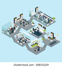 Colored Office Isometric Different Floors Composition With Seven Business Rooms Conference Hall Vector Illustration