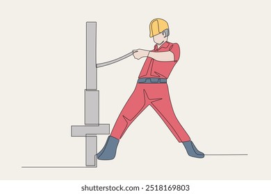 Colored an oil mine worker is turning a drill. Oil field work concept one-line drawing