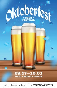 Colored oktoberfest poster beer festival headline and three beer glasses on wooden table vector illustration