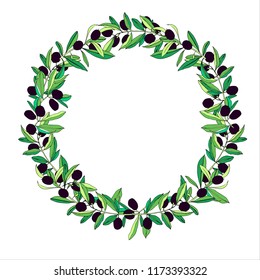 Colored olive wreath on a white background, can be used for labels and cards on the theme of nature, food, natural products