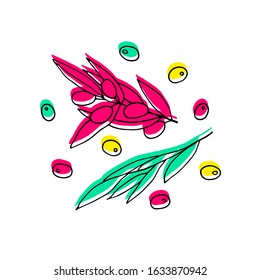 Colored olives Set. Outline olive branches isolated on white background. Hand drawn berries and olive leaves with neon fill. Vector stock illustration for packaging, print. Design acid plants Elements