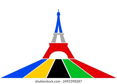 Colored Olympic Games rainbow lines flag converge in big Eiffel Tower