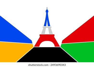 Colored Olympic Games rainbow lines flag converge in Eiffel Tower