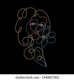 Afiches de una línea de arte de color con rostro femenino surrealista sobre fondo negro. Ilustración de dibujo continua. Diseño gráfico de moda minimalista contemporáneo. Pintura de vectores. 