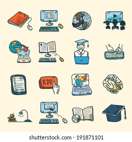 Colored online education graduation and e-learning icons sketch set isolated vector illustration