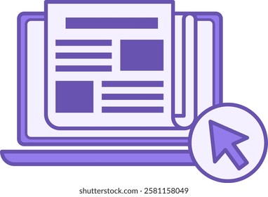 Colored Online News Icon. Vector Icon. Laptop, Newspaper, and Computer Mouse Cursor. Journalism Concept