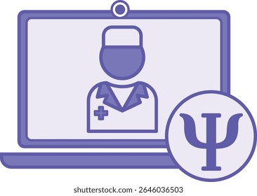 Ícone de Psicólogo Online Colorido. Ilustração de vetor. Psicólogo Consultoria Paciente Online. Médico, Laptop, Saúde Mental. Conceito de Psicologia