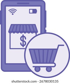 Icono coloreado de la tienda en línea. Ilustración vectorial. Teléfono móvil, tienda y Carrito de compras. Sitio web o App para compras en línea. Concepto de marketing digital