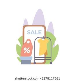 Colored online shopping items concerning big sales and discounts. Digital environment and electronic commerce. Ordering goods using mobile application. Vector