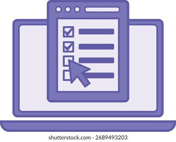 Ícone Colorido de Pesquisa Online. Ilustração de vetor. Laptop e Questionário. Coletando a opinião da comunidade sobre vários assuntos online. Conceito de Comentários