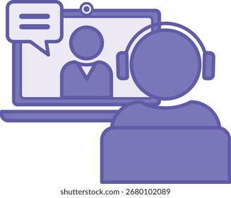 Colored Online Teaching Icon. Vector Illustration. Person with Headphones Sitting on a Chair and Listening to an Online Lecture. Laptop, Lecturer, Trainer, Student, Lesson. Teacher Concept