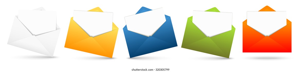 colored opened envelope row with white empty papers