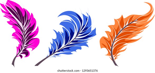 colored openwork feathers in three versions in bright colors, vector