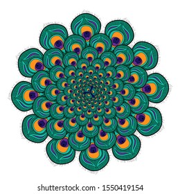 colored openwork round ornament with an element in the form of a stylized peacock feather	