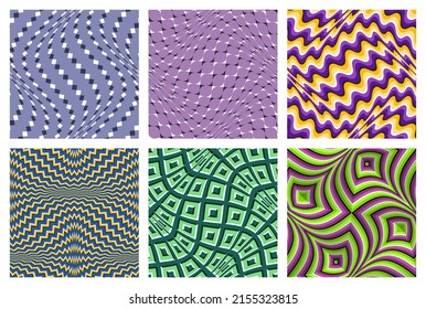 Colored optical illusion seamless patterns set. Moving fabric swatches design.