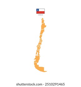 Colored (orange) silhouette map of Chile with the outline of regions. Vector illustration with a flag.