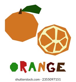 A colored orange, whole and in section, is highlighted on a white background. The original signature is an orange. Juicy summer fruits for organic food packaging. Geometric stylized flat vector