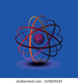 Colored orbits around a red mirror sphere on a blue background