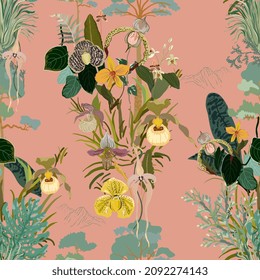 Colored orchids flowers and green leaves on pink background. Seamless vector pattern. Square floral surface design for fabric, textile, wallpaper, wrapping paper. Delicate, tender color. EPS